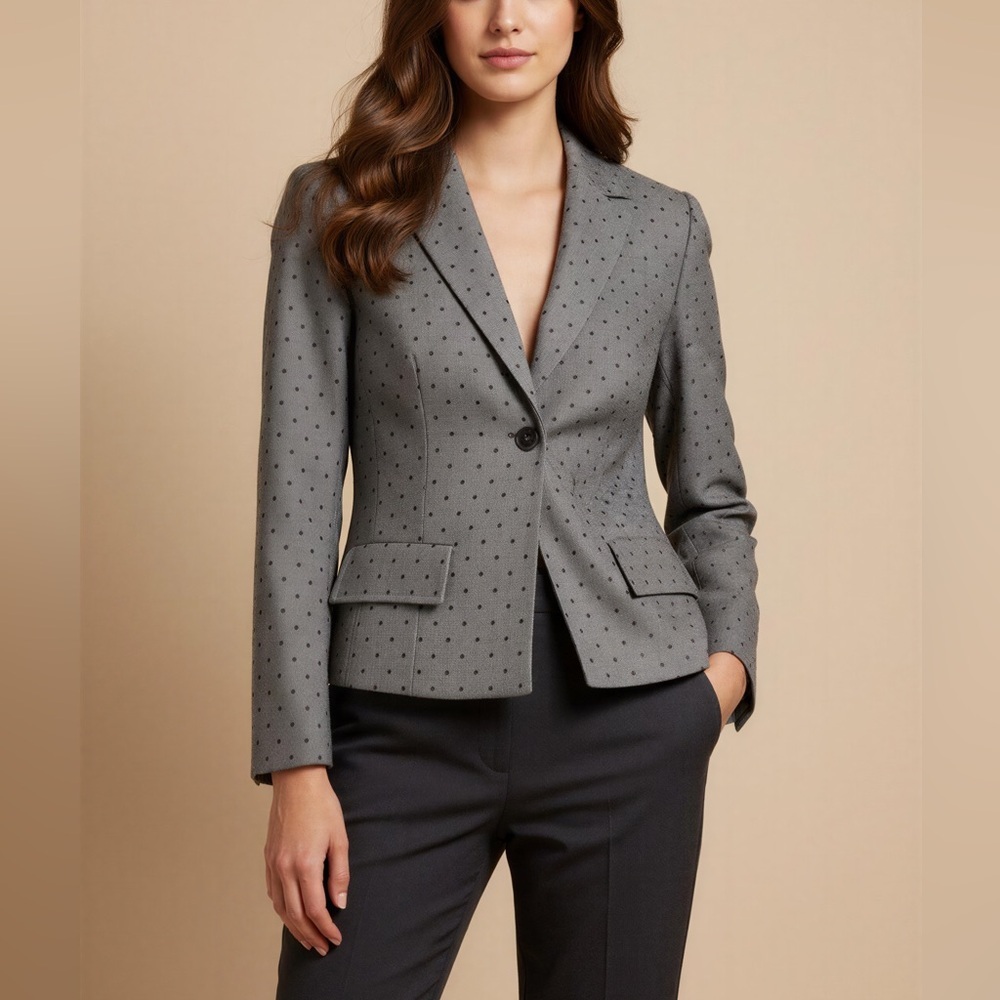 Escada Pure New Wool Gray Black Polka Dot OneButton Blazer Jacket Silk Lining 38